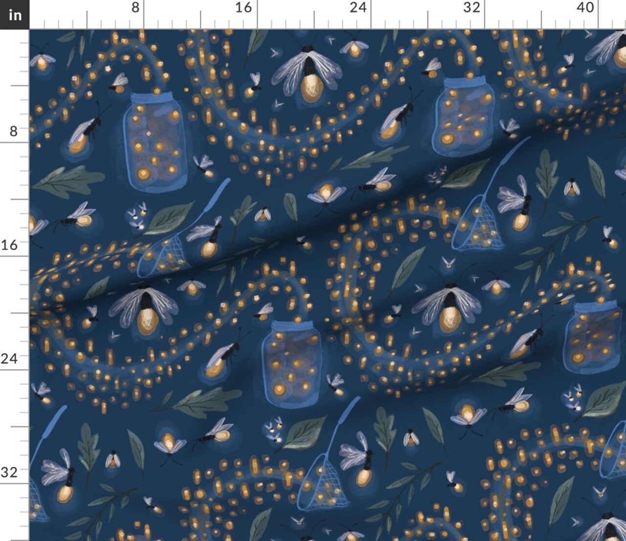 Fireflies Summer Bugs Picnic Outdoors Glass Jar Stars Nighttime Swirl Wishing Cute Custom Printed Fabric by Spoonflower Various Fabrics by the Yard or Fat Quarter